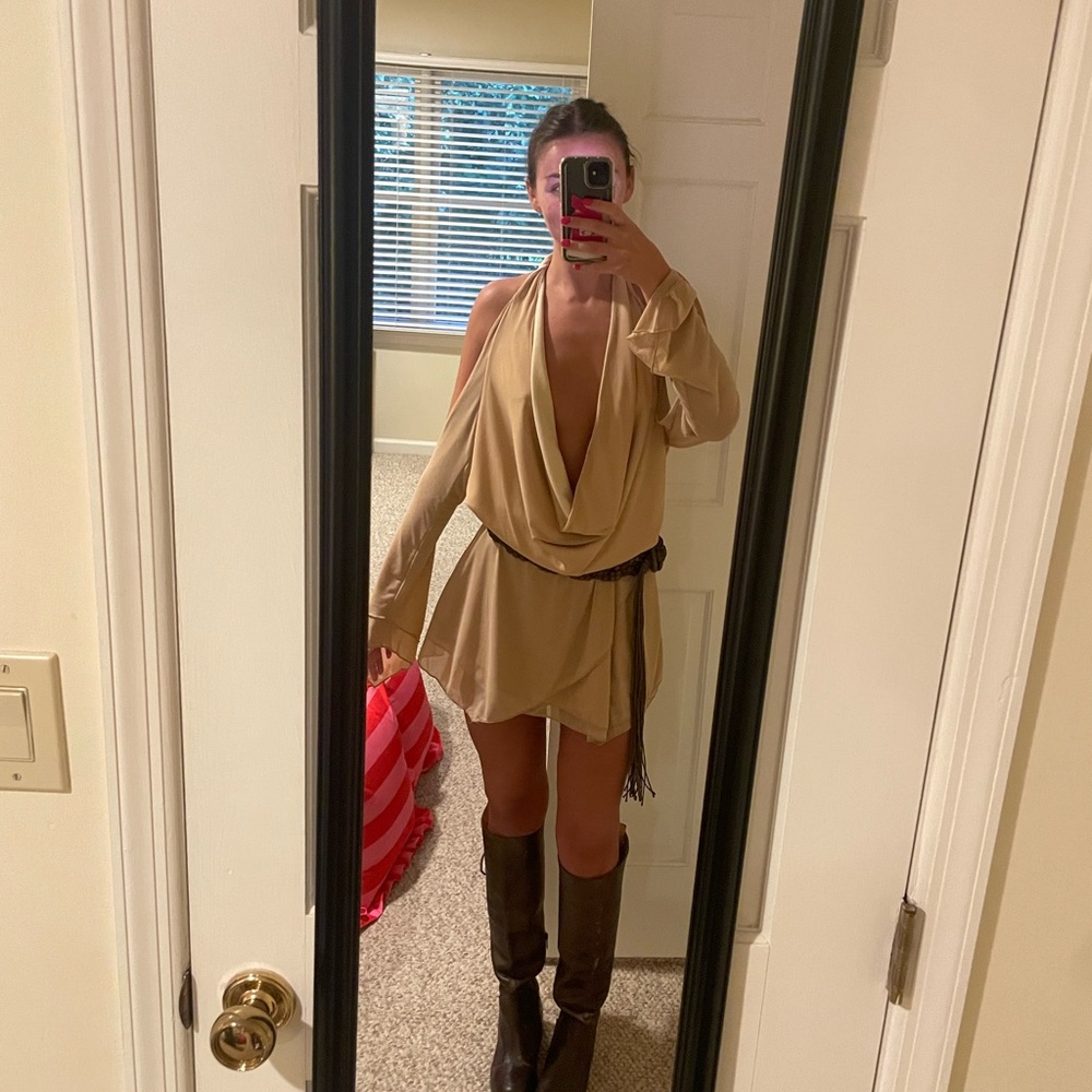 Tan Cold Shoulder Dress with Belt